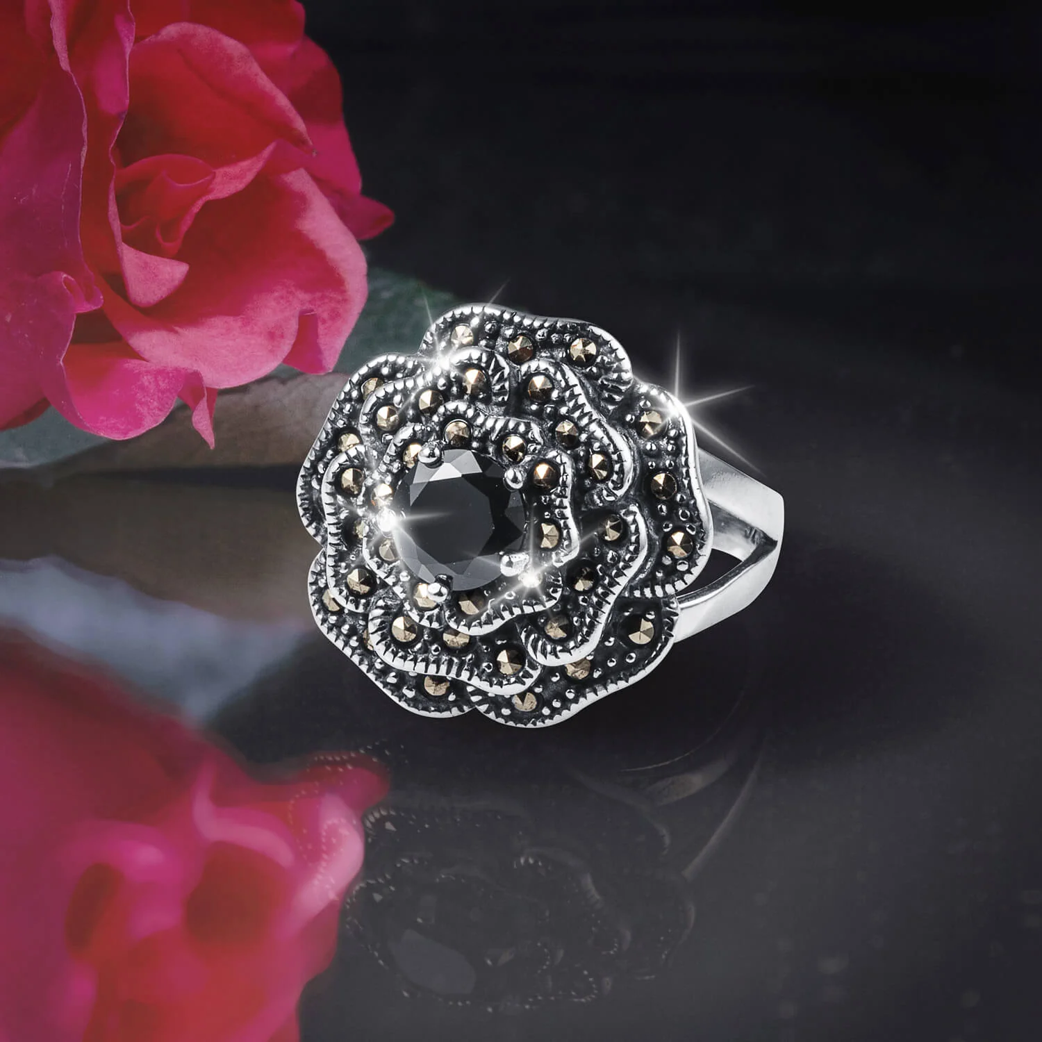 Marcasite Rose Ladies Ring - Image 2