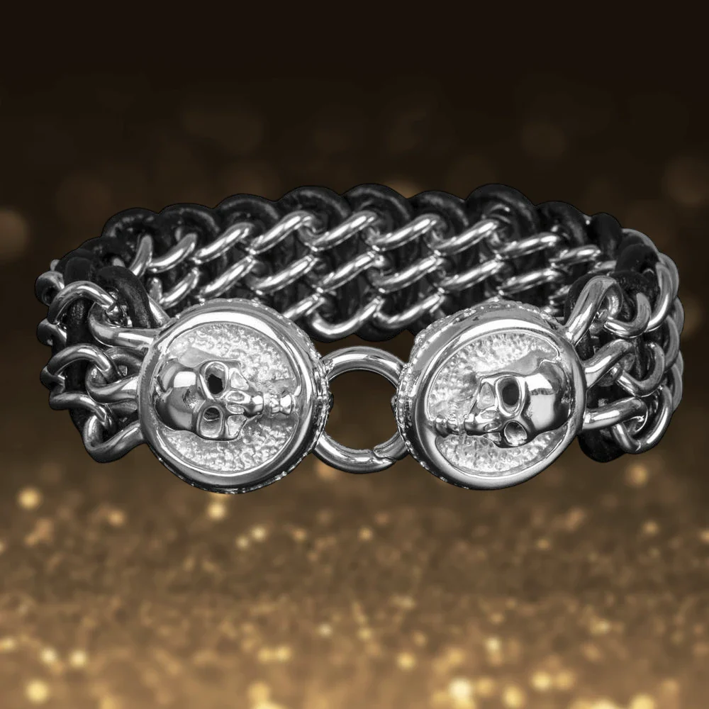 Men's Leather Steel Skull Bracelet - Image 2