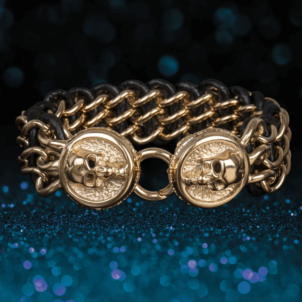 Men's Leather Yellow Gold Skull Bracelet - Image 2